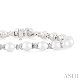 5 MM Cultured Pearl and 1/2 Ctw Round Cut Diamond Floral Fashion Bracelet in 14K White Gold